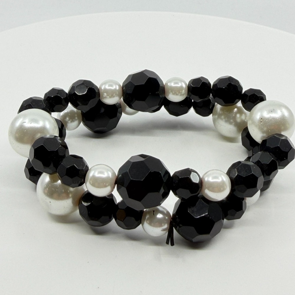 Gothic Black Chunky Faux Pearl Stretch Bracelet - Goth Statement Gift